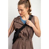 Rae Mode Poly Stretch Woven Sleeveless Hoodie Romper: Stone Taupe