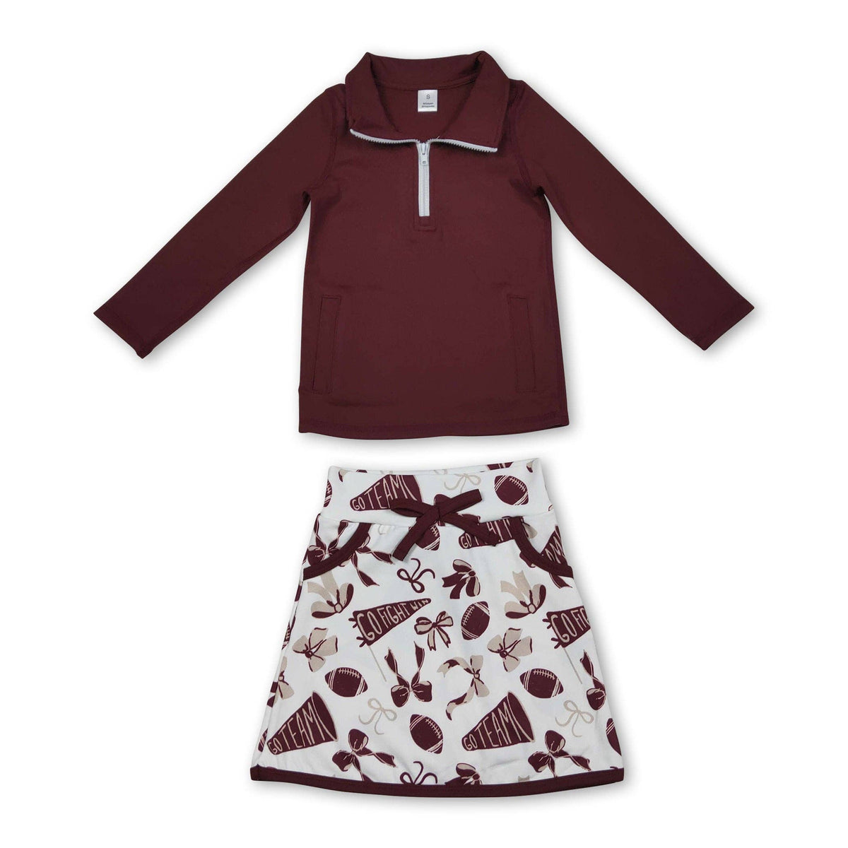 Yawoo Garments - Maroon zipper pullover football bow skirt girls team activewear set: 6-7T