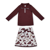 Yawoo Garments - Maroon zipper pullover football bow skirt girls team activewear set: 6-7T