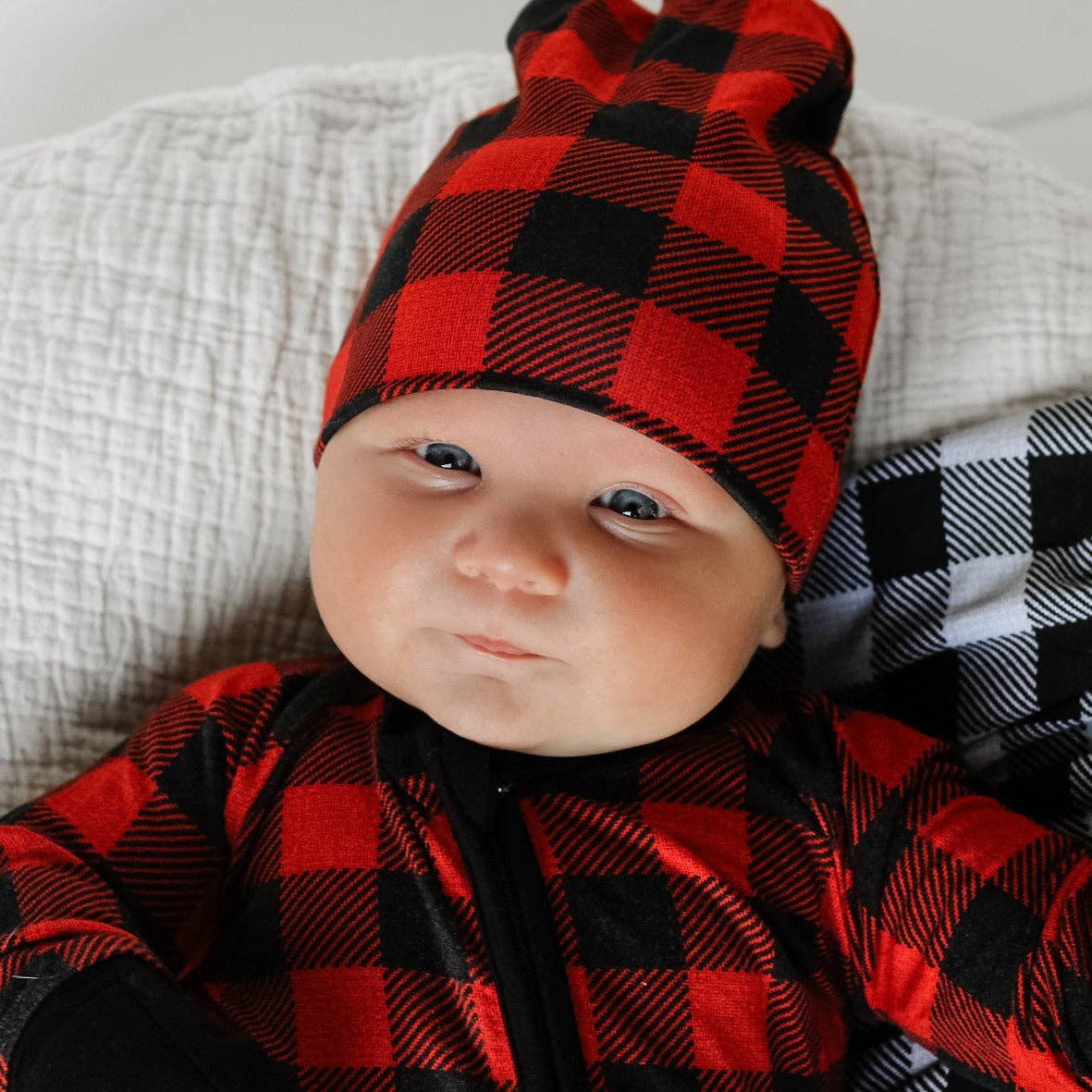 KNOT BEANIE- Red Buffalo Plaid