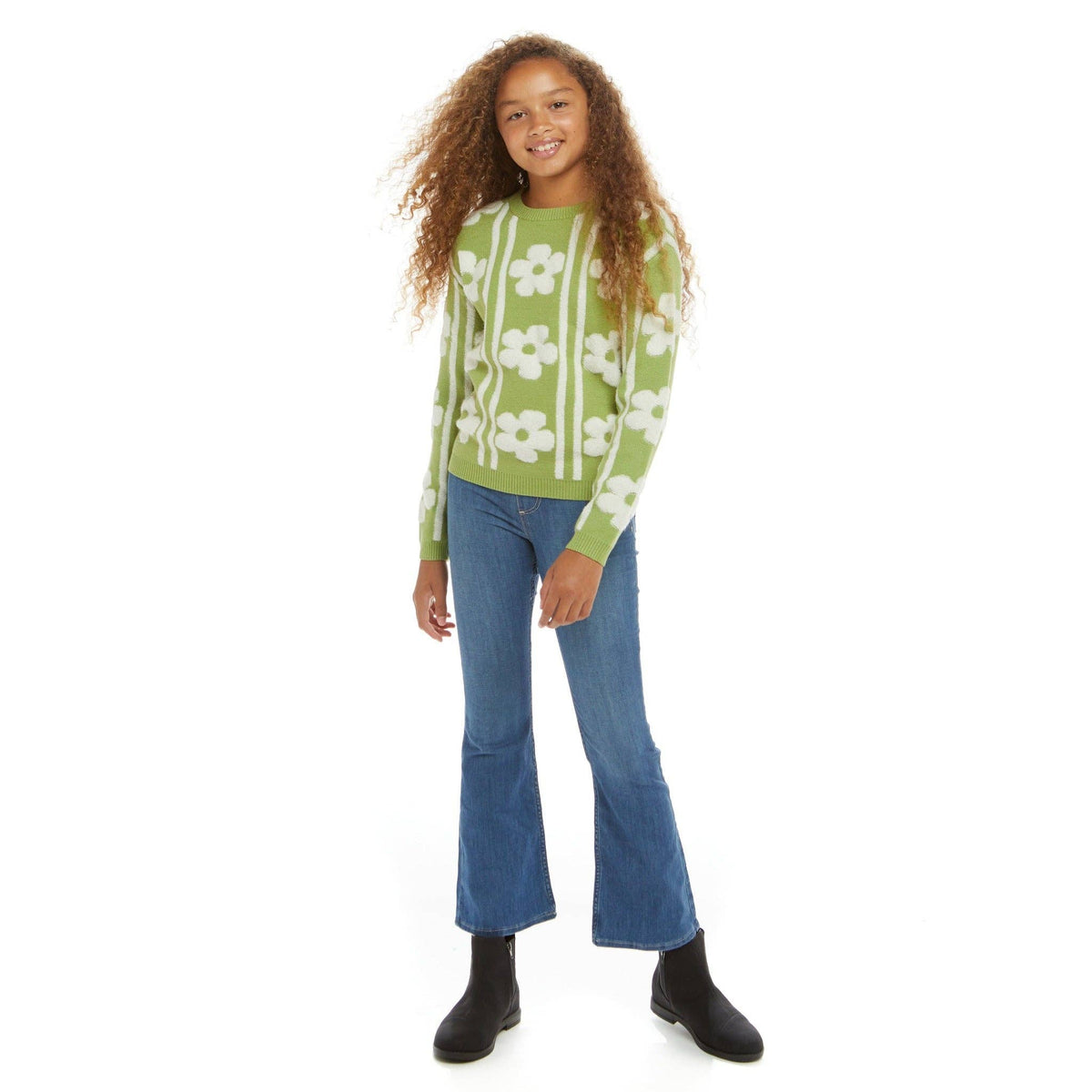 Andy & Evan Girls Tween Flower Sherpa Sweater | Green