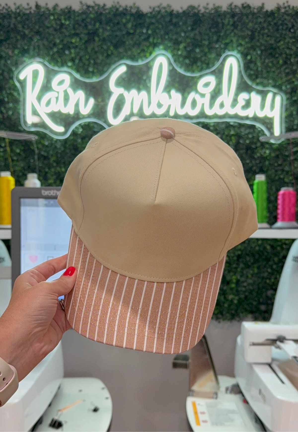 Rain Embroidery - Brown Striped Bill (blank) Trucker Hat