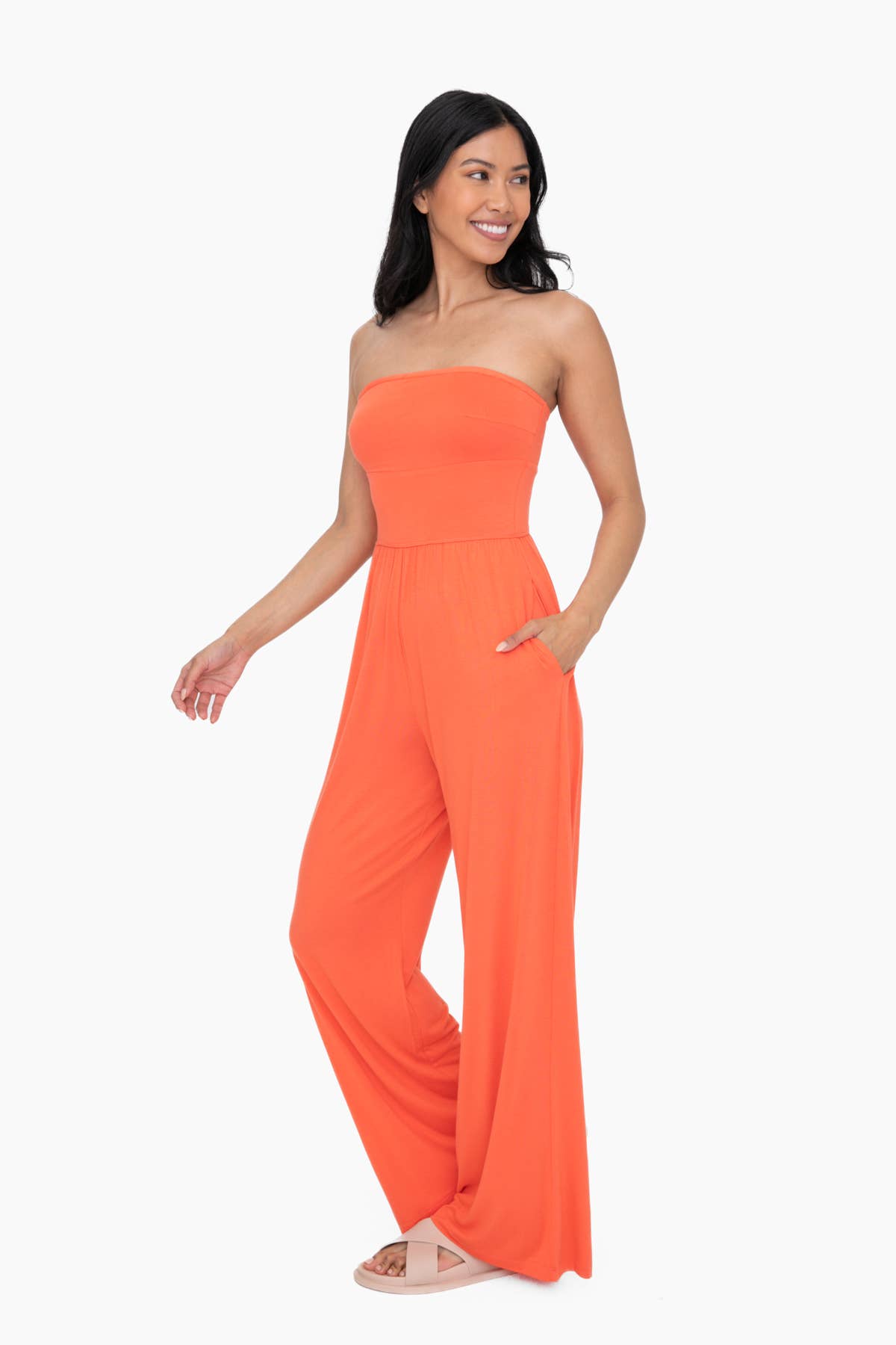 Mono B Strapless Flared Lounge Jumpsuit - Black