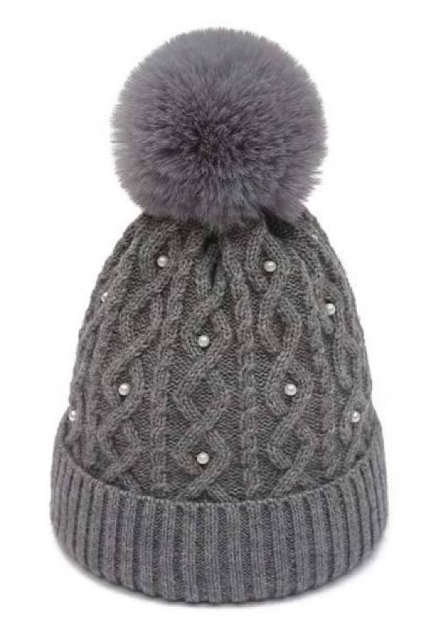 Nash Grey - Fur Pom Adult Beanie with Pearls