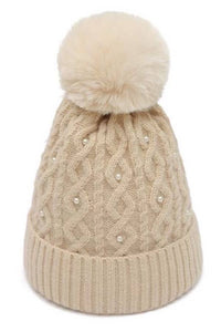 Nash Grey - Fur Pom Adult Beanie with Pearls