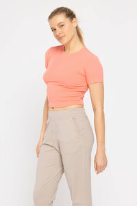 Mono B Essential Micro-Ribbed Cropped Athleisure Tee - NATURAL