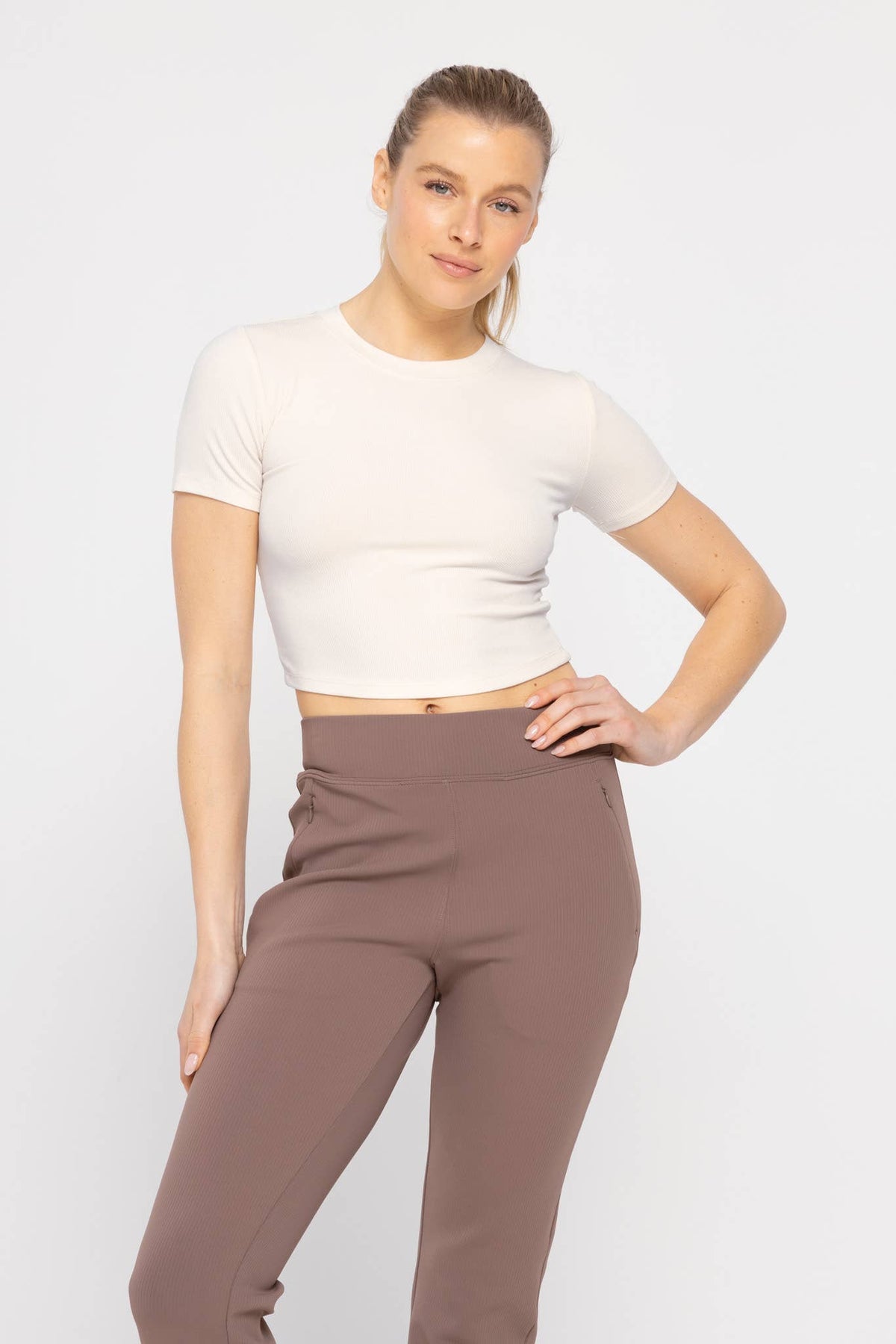 Mono B Essential Micro-Ribbed Cropped Athleisure Tee - DEEP TAUPE