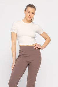 Mono B Essential Micro-Ribbed Cropped Athleisure Tee - DEEP TAUPE