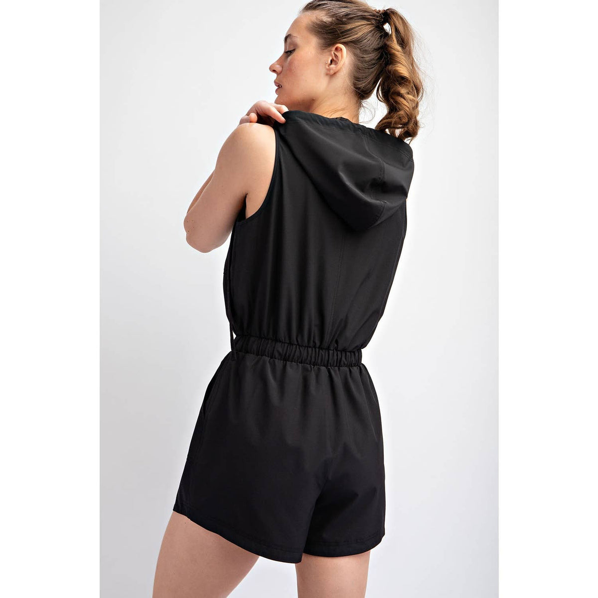 Rae Mode Poly Stretch Woven Sleeveless Hoodie Romper: Stone Taupe
