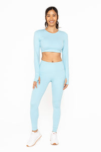 Mono B Cropped Long-Sleeve Top with Tie-Back - Blue Palm