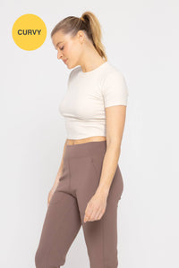 Mono B CURVY Essential Micro-Ribbed Cropped Athleisure Tee - DEEP TAUPE