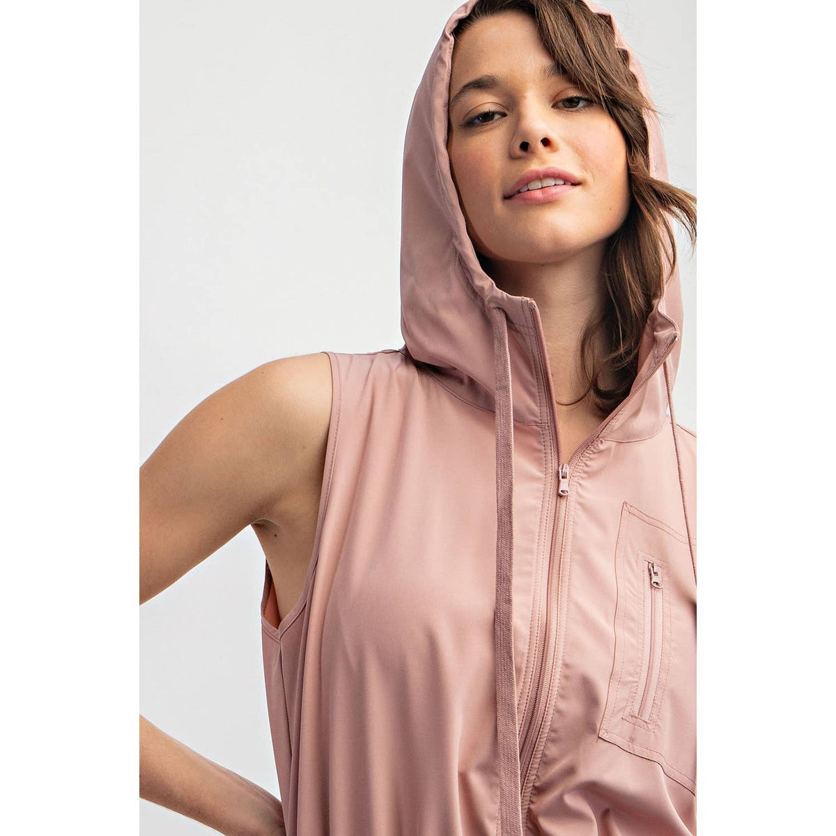 Rae Mode Poly Stretch Woven Sleeveless Hoodie Romper: Stone Taupe