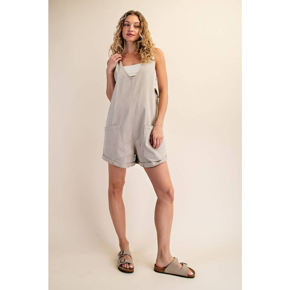 Rae Mode Cotton Twill Roll-Up Overall Short Romper: Dusty Sage