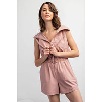 Rae Mode Poly Stretch Woven Sleeveless Hoodie Romper: Stone Taupe