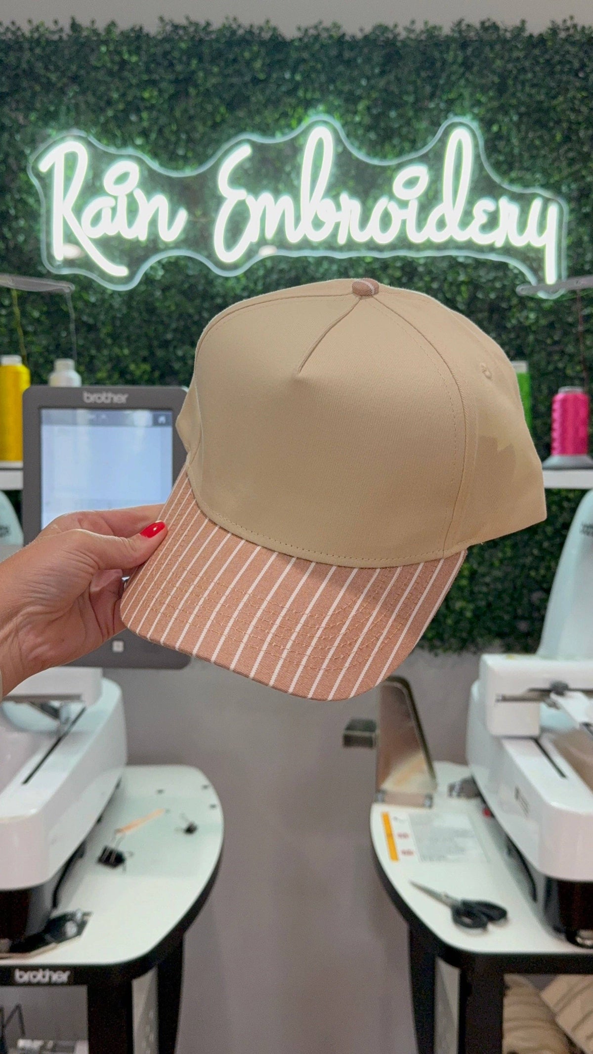Rain Embroidery - Brown Striped Bill (blank) Trucker Hat