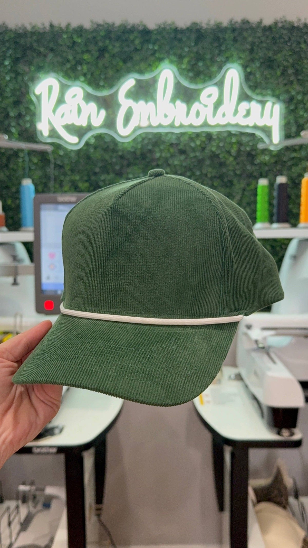 Rain Embroidery - Green Corduroy Trucker Hat (blank)