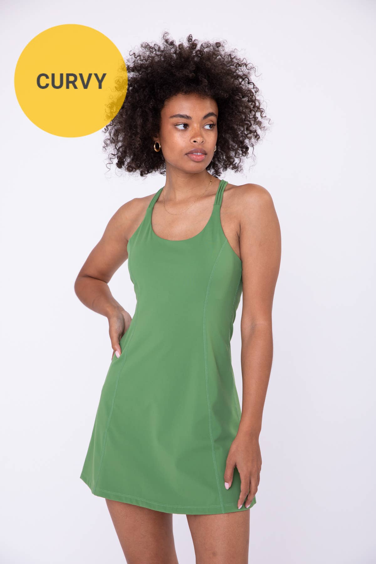 Mono B CURVY Macramé Racerback Active Dress and High Waisted Slip Shorts - GREEN