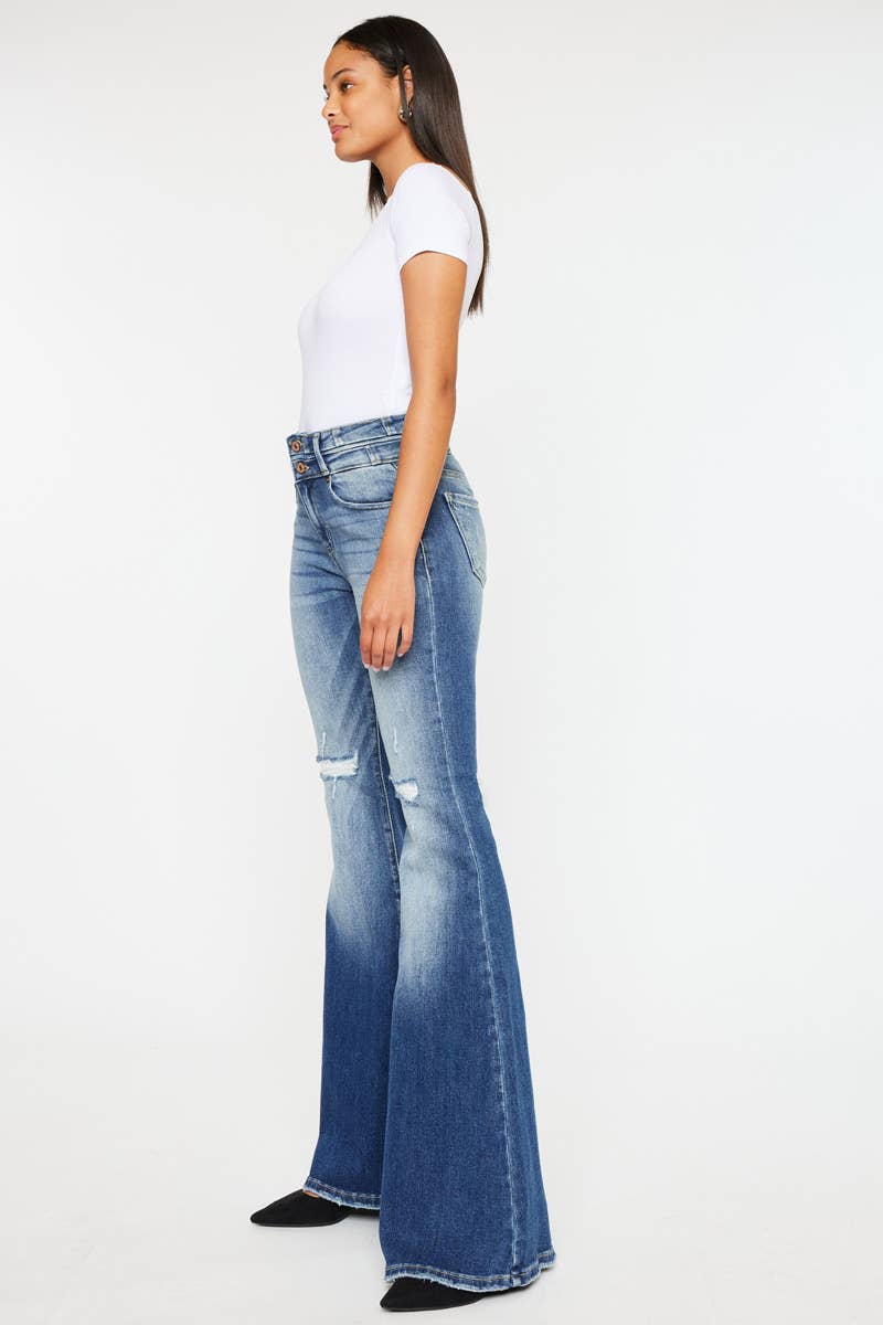 Kan Can - Women's Dark Blue Flare High Rise Jeans