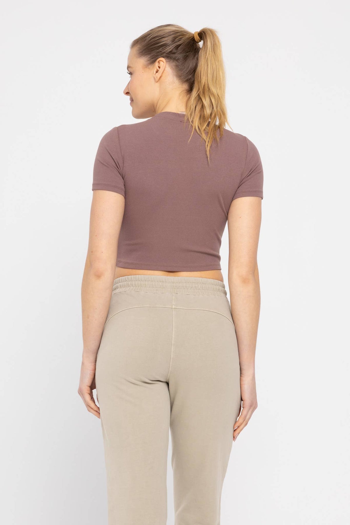 Mono B Essential Micro-Ribbed Cropped Athleisure Tee - DEEP TAUPE