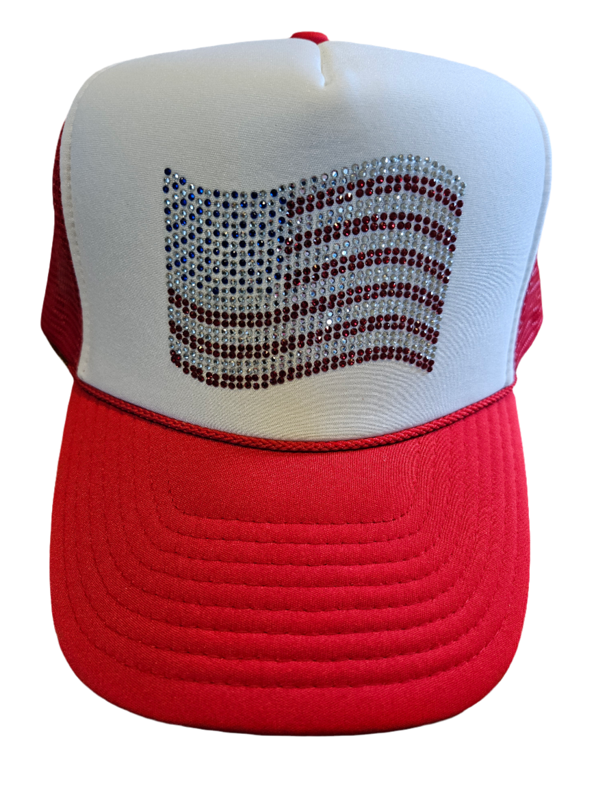 Red glitter flag trucker hat