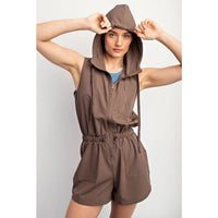 Rae Mode Poly Stretch Woven Sleeveless Hoodie Romper: Stone Taupe
