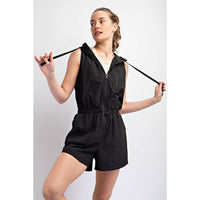 Rae Mode Poly Stretch Woven Sleeveless Hoodie Romper: Stone Taupe