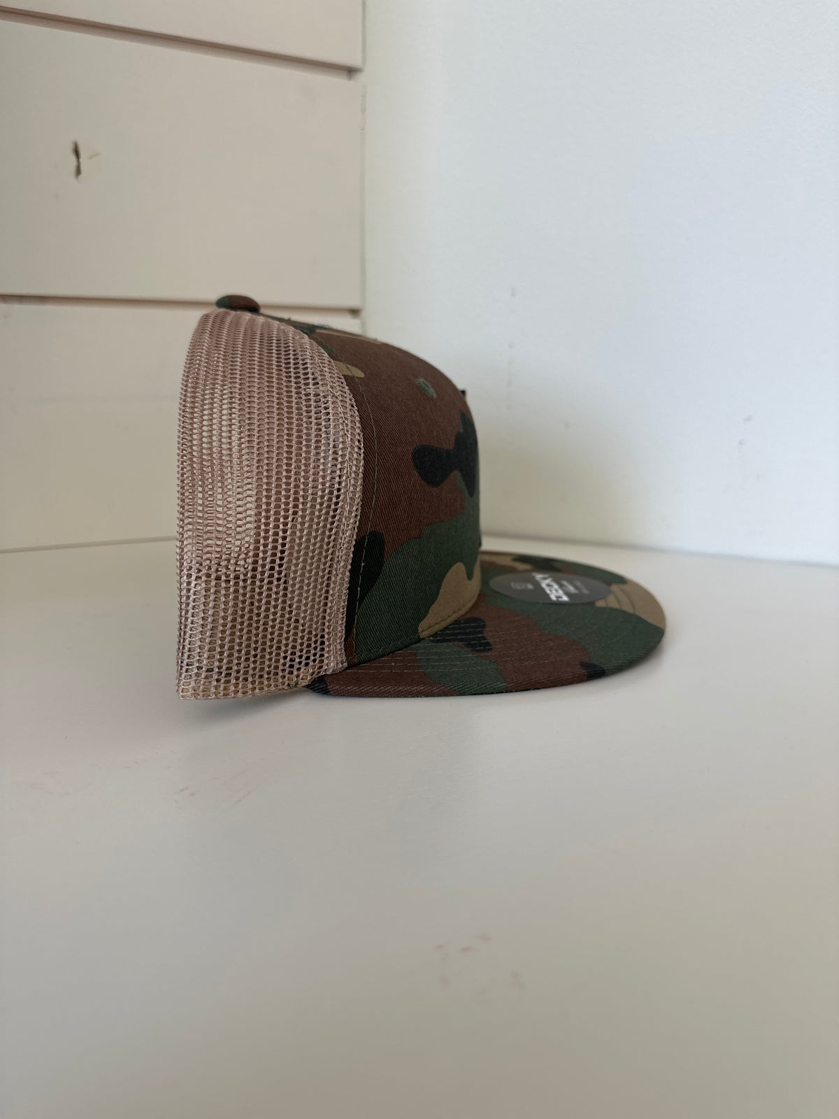 Flat Bill Trucker Hat: Camo-Tan