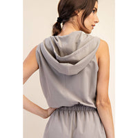 Rae Mode Poly Stretch Woven Sleeveless Hoodie Romper: Stone Taupe