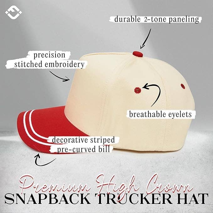 Funky Junque - Embroidered Brim Two Tone Trucker Hat - Red/Beige