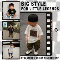 Funky Junque - Flat Brim Trucker Hat - Black/Faux Leather Brim: Kids (2-9 Years)