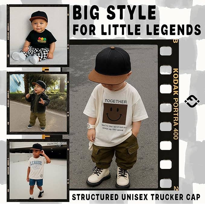 Funky Junque - Flat Brim Trucker Hat - Black/Faux Leather Brim: Kids (2-9 Years)