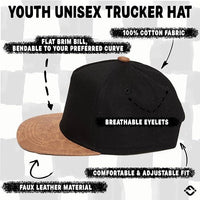 Funky Junque - Flat Brim Trucker Hat - Black/Faux Leather Brim: Kids (2-9 Years)
