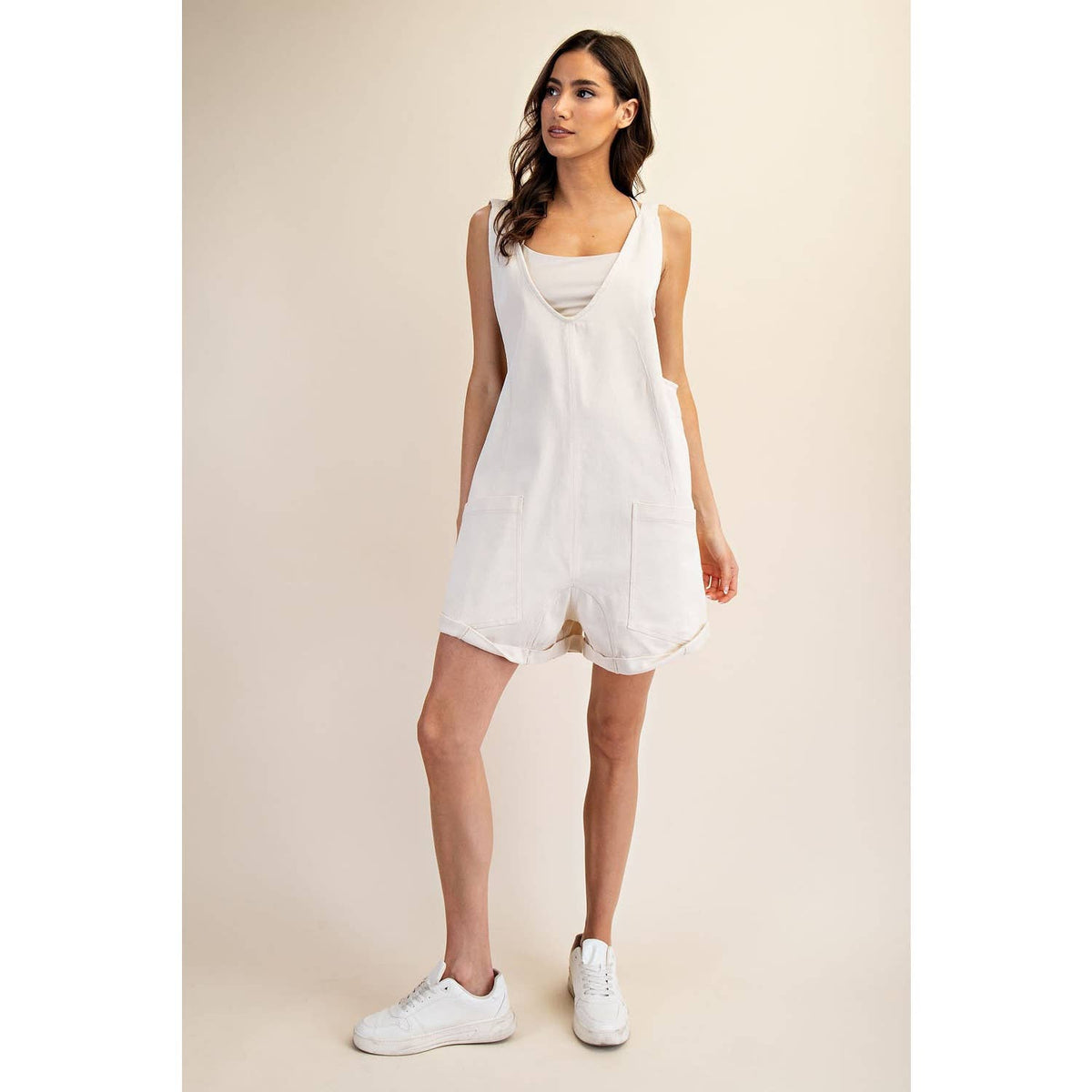 Rae Mode Cotton Twill Roll-Up Overall Short Romper: Dusty Sage