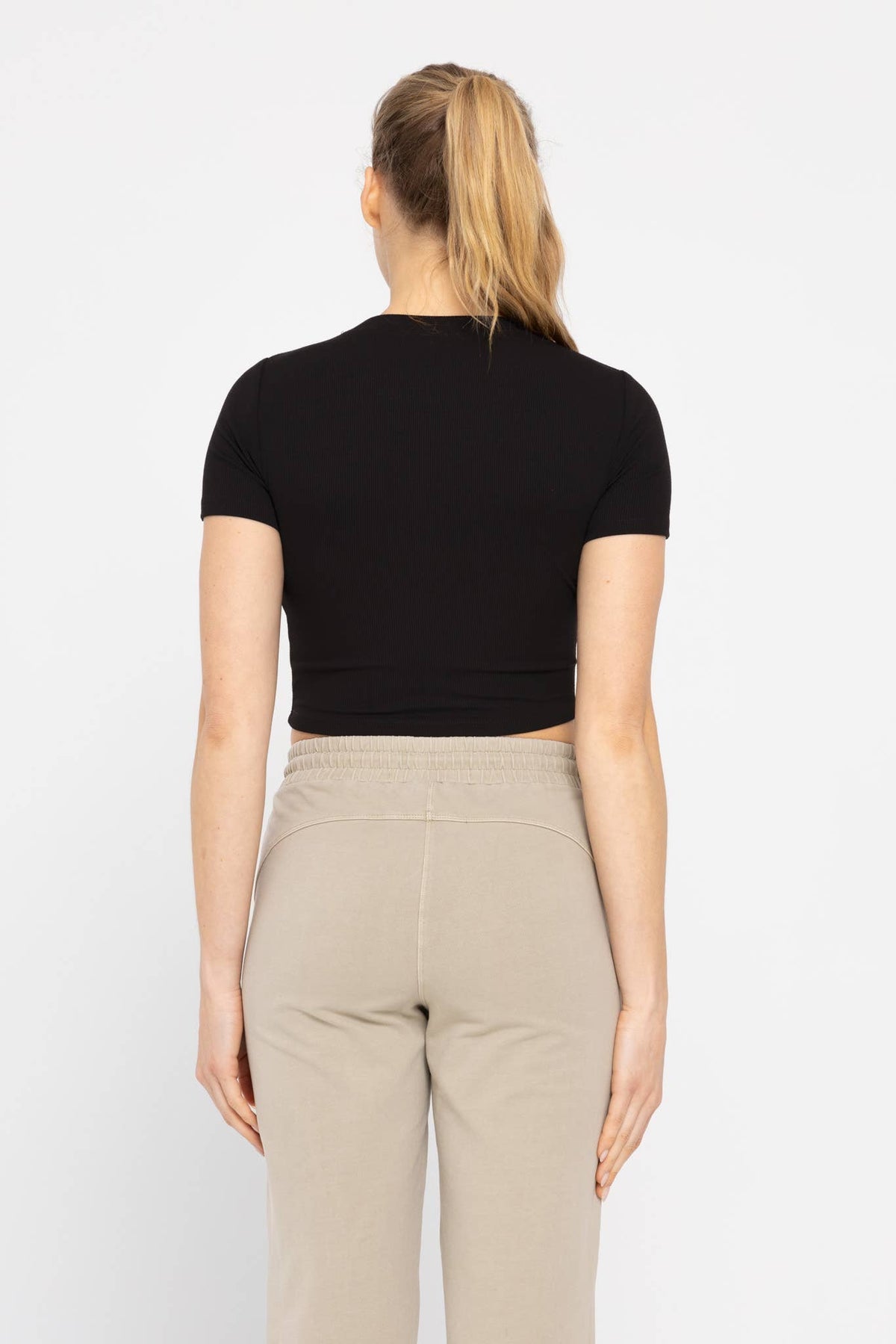 Mono B Essential Micro-Ribbed Cropped Athleisure Tee - DEEP TAUPE