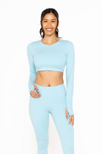 Mono B Cropped Long-Sleeve Top with Tie-Back - Blue Palm