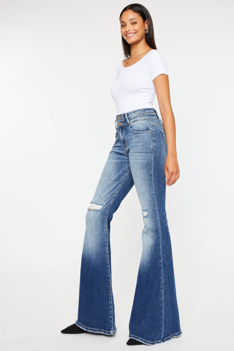 Kan Can - Women's Dark Blue Flare High Rise Jeans