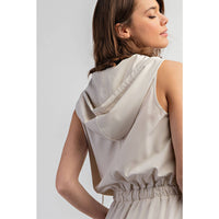 Rae Mode Poly Stretch Woven Sleeveless Hoodie Romper: Stone Taupe