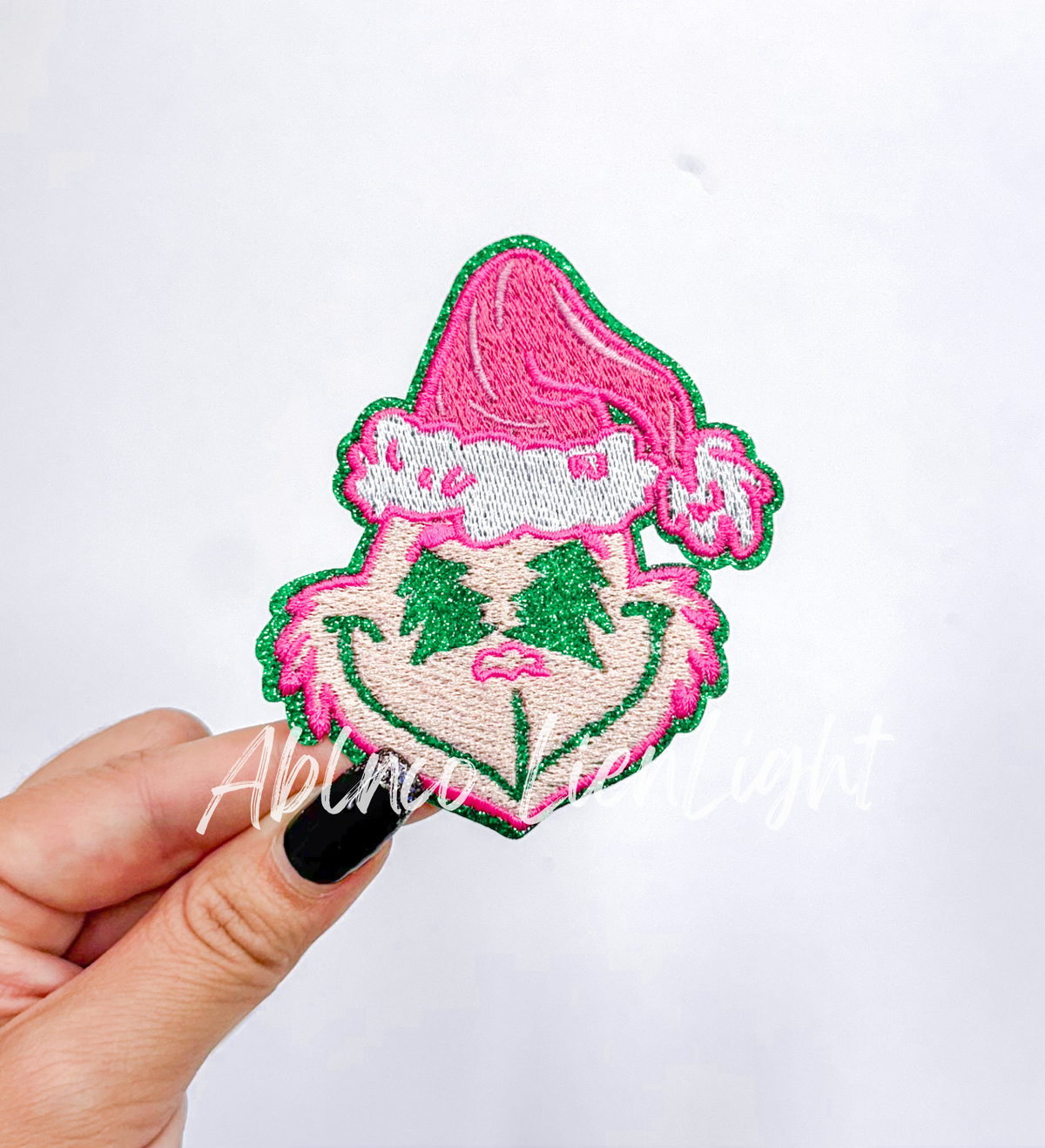 ABLN Boutique - Small Preppy Pink Grinchy Christmas Glitter Embroidery Patch