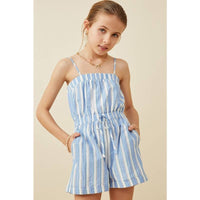 Paperdoll Girls Tie Detail Blue Striped Tank Romper