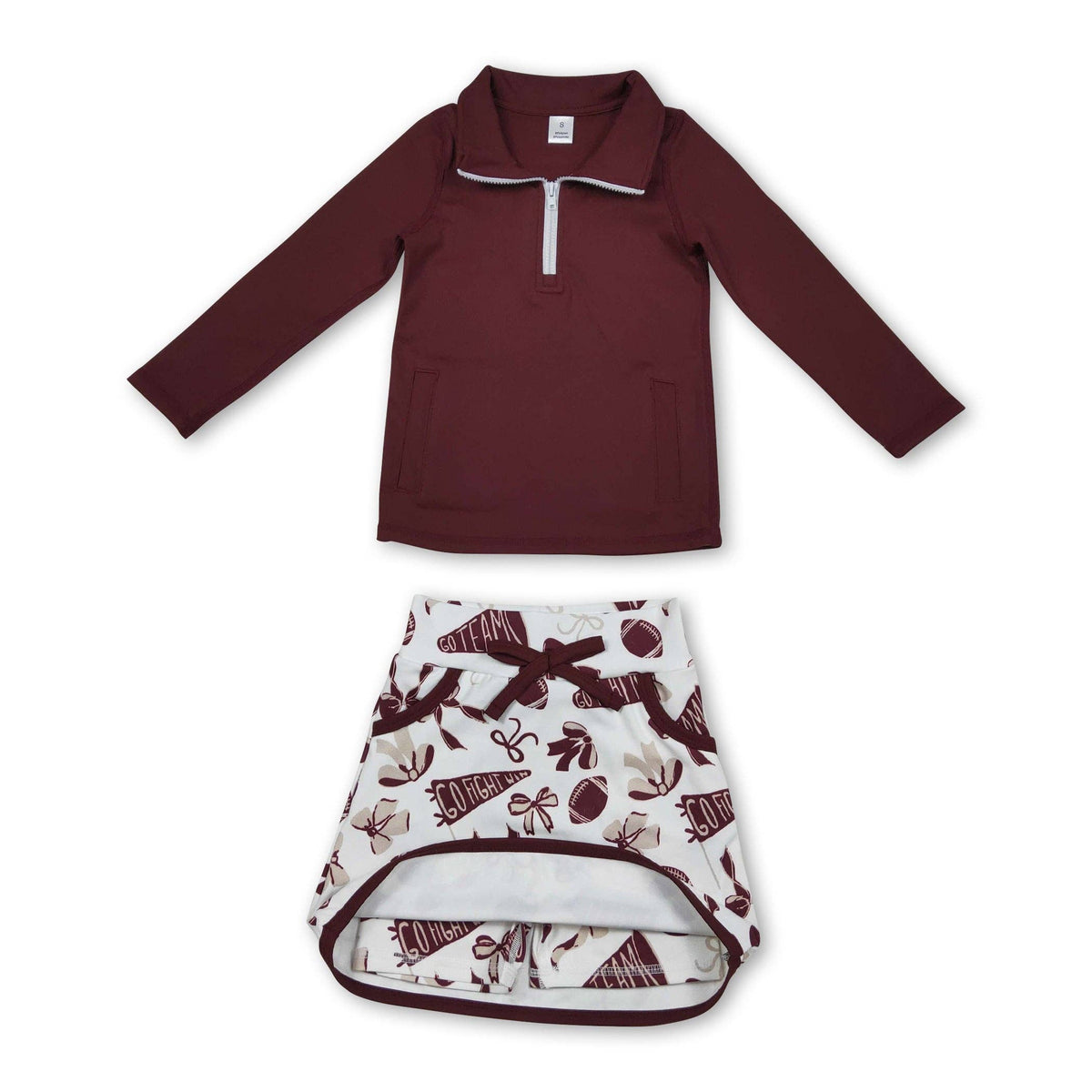 Yawoo Garments - Maroon zipper pullover football bow skirt girls team activewear set: 5-6T
