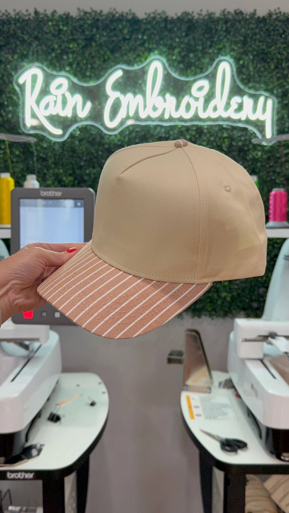 Rain Embroidery - Brown Striped Bill (blank) Trucker Hat