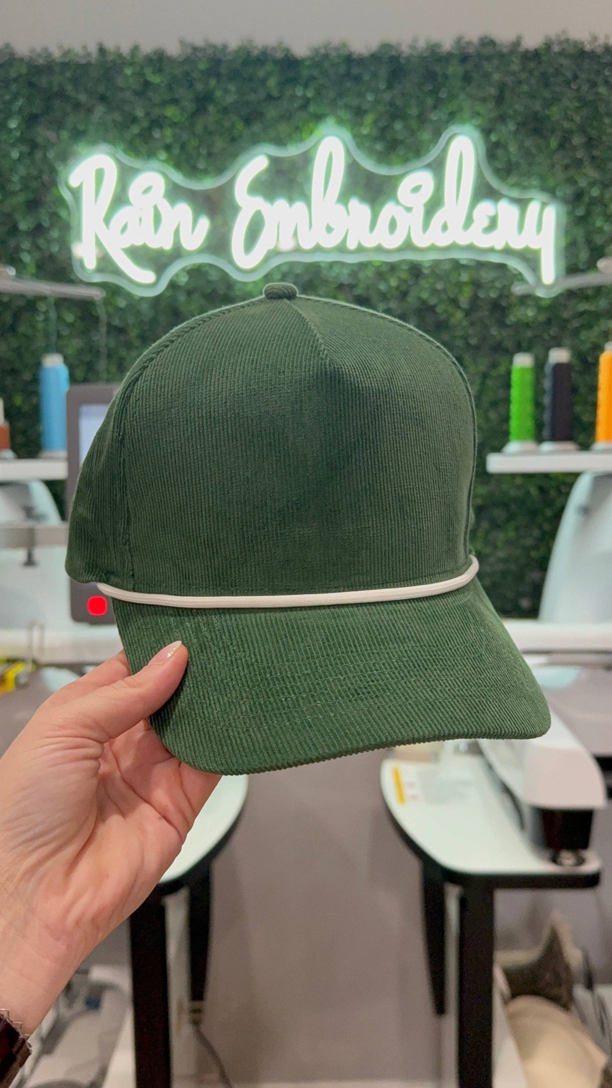 Rain Embroidery - Green Corduroy Trucker Hat (blank)