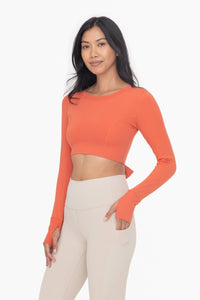 Mono B Cropped Long-Sleeve Top with Tie-Back - Blue Palm