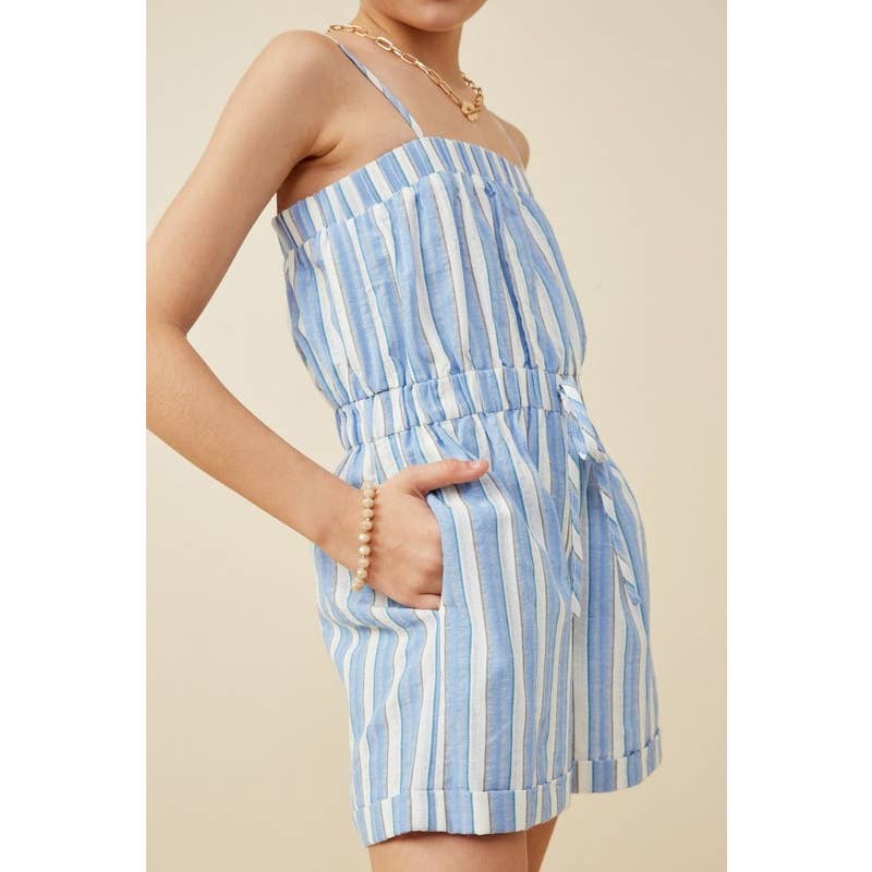 Paperdoll Girls Tie Detail Blue Striped Tank Romper