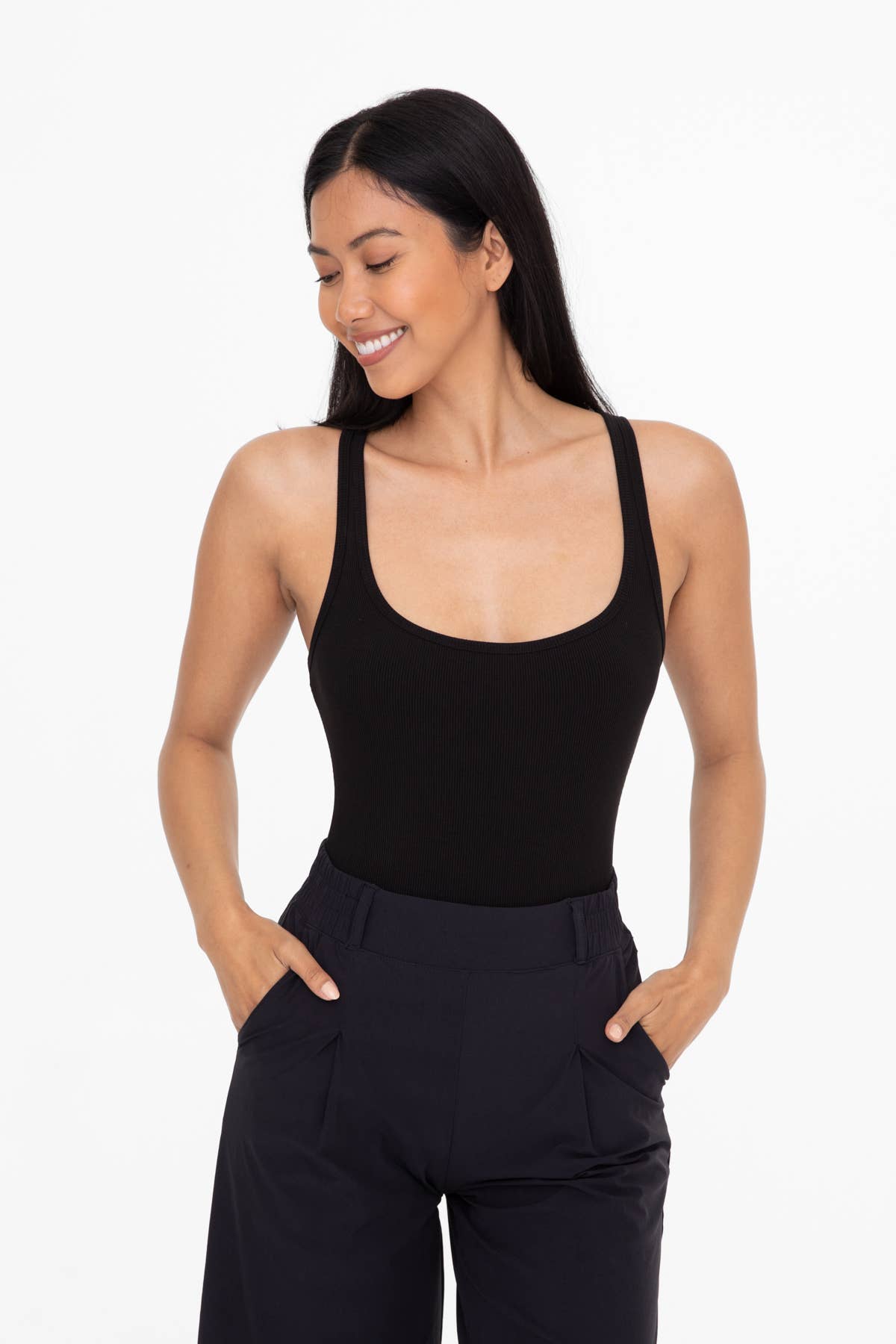 Mono B Square Neck Ribbed Bodysuit - BLACK