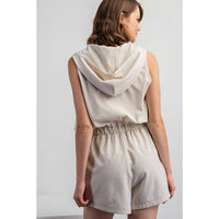 Rae Mode Poly Stretch Woven Sleeveless Hoodie Romper: Stone Taupe