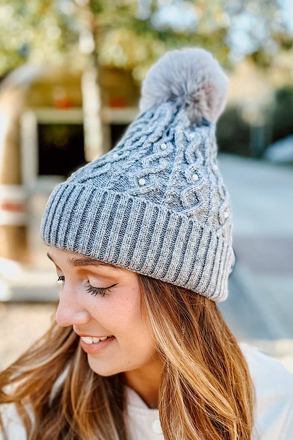 Nash Grey - Fur Pom Adult Beanie with Pearls