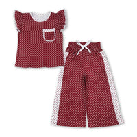 Yawoo Garments - Maroon polka dots flutter sleeves top pants girls outfits: Maroon / 5-6T