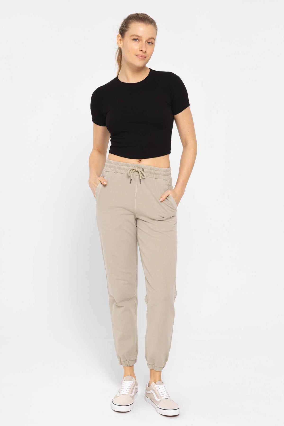 Mono B Essential Micro-Ribbed Cropped Athleisure Tee - DEEP TAUPE