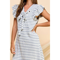 Veveret Coastal Charm Stripe Ruffle Sleeve Mini Dress - Steel blue/Ivory